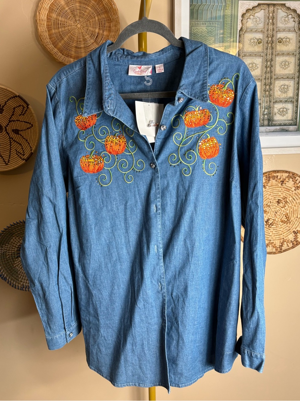 Embroidered & Beaded Pumpkin Denim Button-Down Shirt